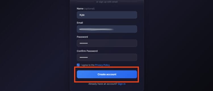 input credentials and click create account