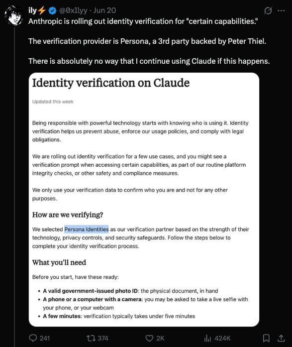 Social Media Post on Claude's ID Verification