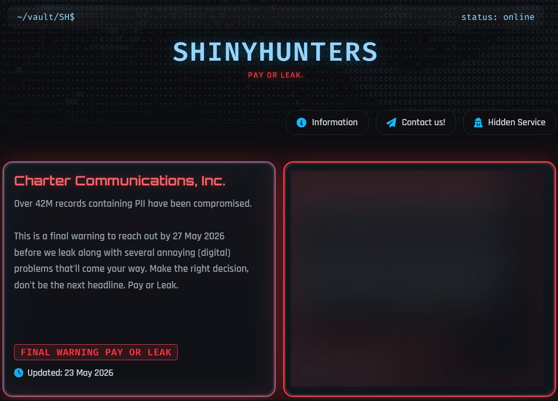 Charter Communications Listing on ShinyHunters Leak Site