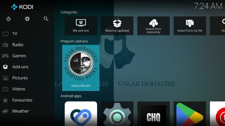 Return back to the home screen of Kodi, hover over Add-ons and click ValarsWizard under Program add-ons.