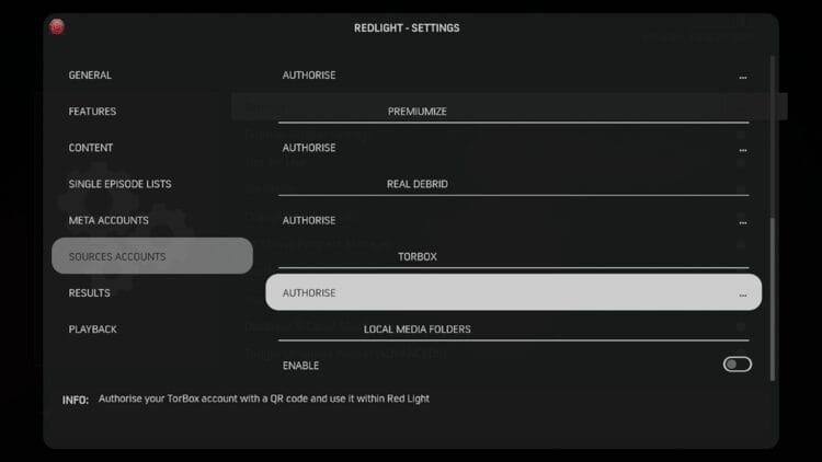 Hover over Sources Accounts on the left menu. Then click Authorize under TorBox