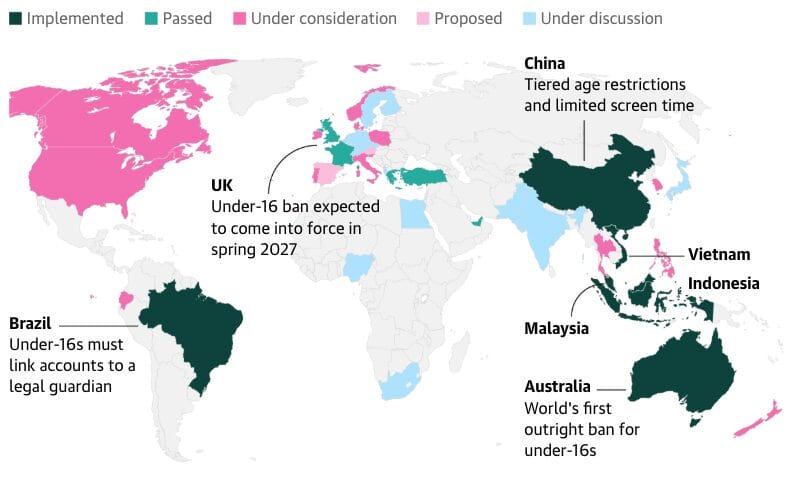 Map of Social Media Age Restriction Policies