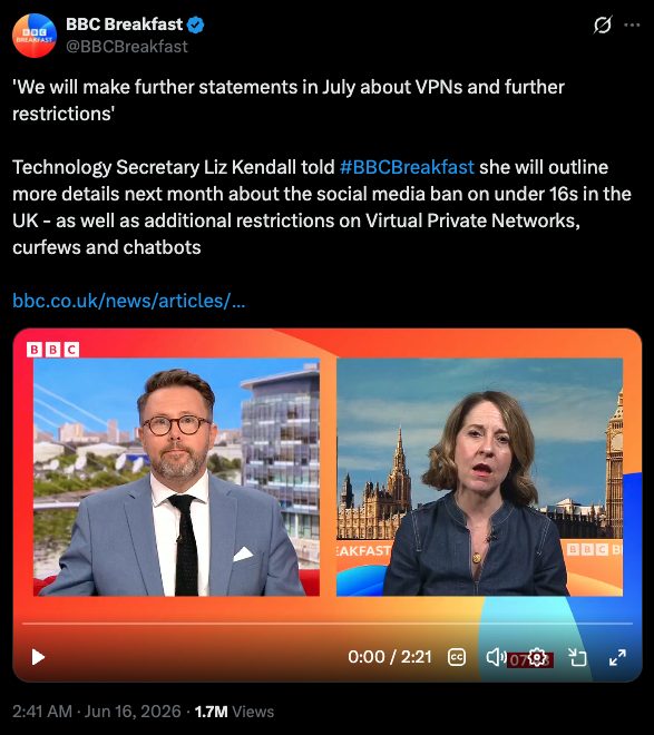 Liz Kendall Discussing Potential VPN Bans on BBC