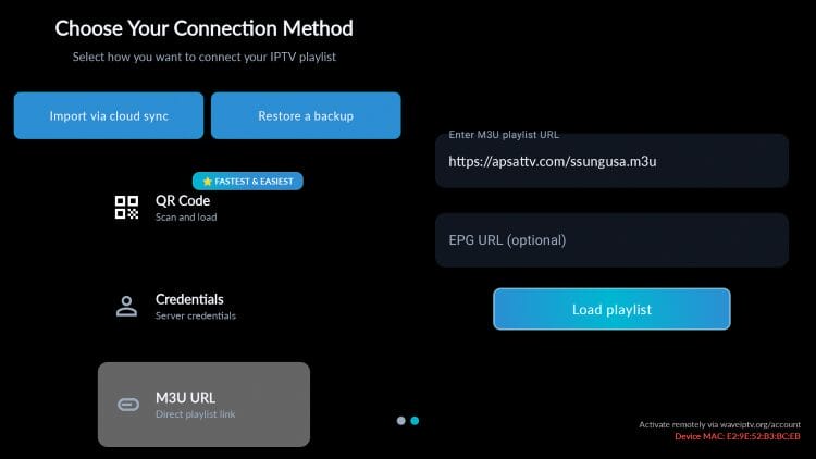 input xtream code or m3u url