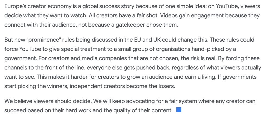 Statement from YouTube Policy Executive