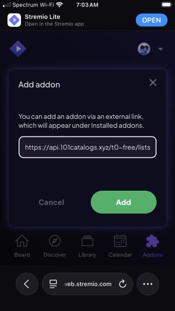 paste the URL for 101Catalogs Stremio Addon and click add