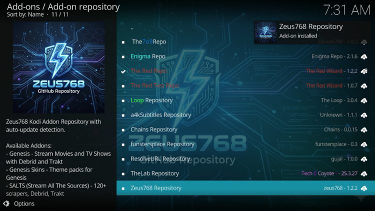 Wait for the "Zeus768 Repository Add-on installed" message to appear