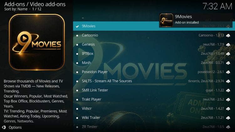 Wait a few seconds for the addon to install and you will see 9Movies add-on installed message