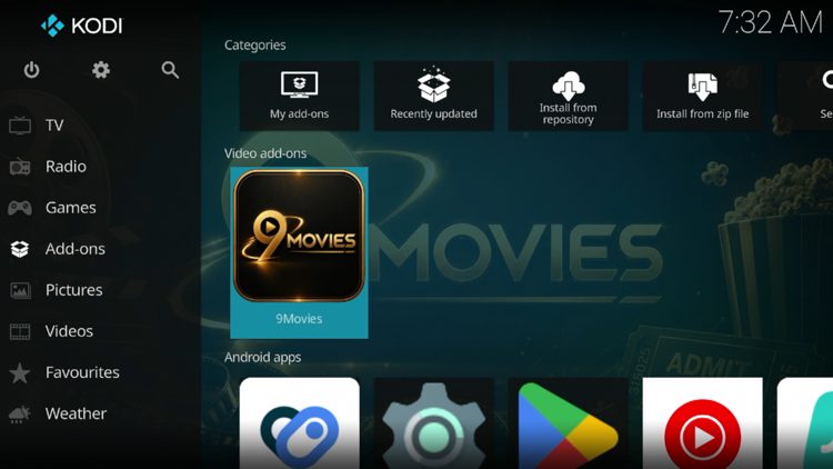 Then go back to the Home screen of Kodi and select Add-ons, then choose 9Movies