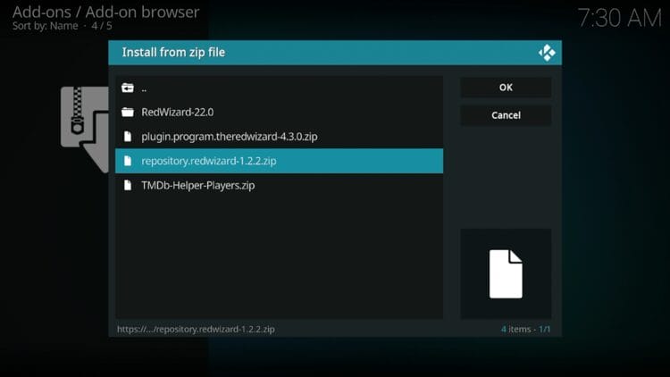 Click the zip file URL - repository.redwizard.zip and click OK.