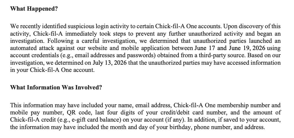 From Chick-fil-A Data Breach Letter