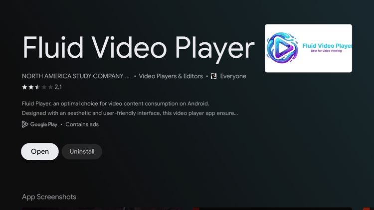 After the Fluid Video Player has installed click Open.