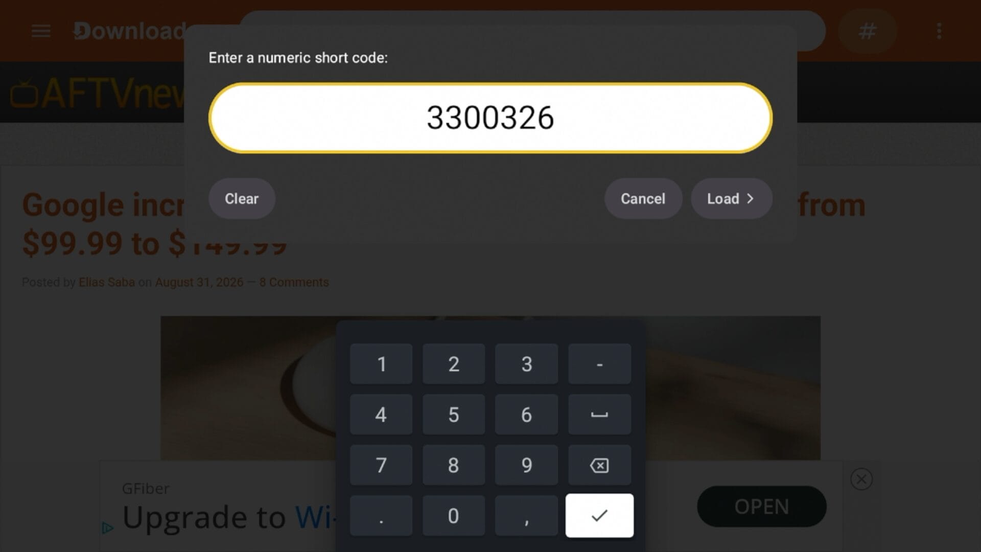 Input the Downloader Code (3300326) and click Load.