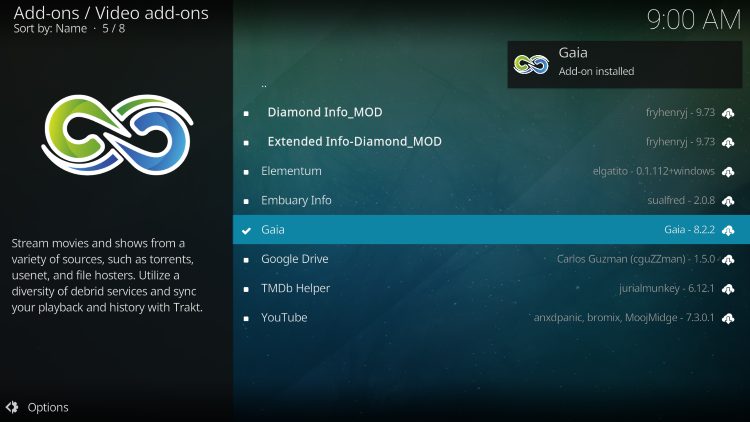 gaia addon installed message