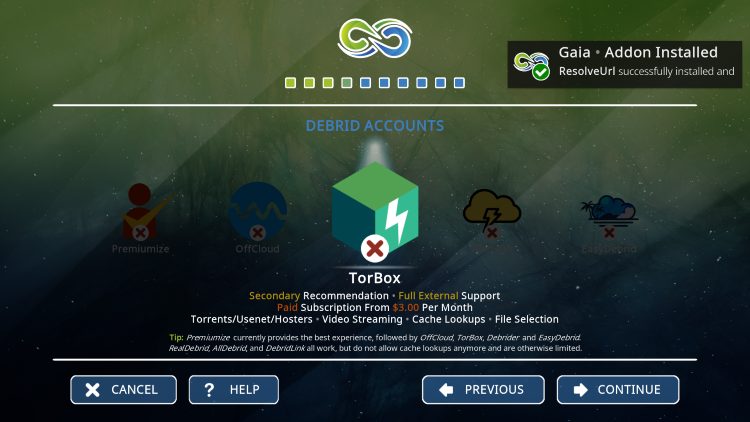 gaia kodi addon installed message for debrid service