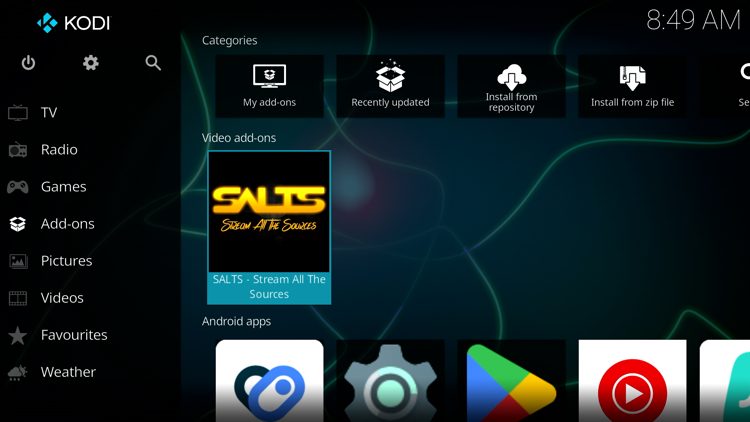 Then go back to the Home screen of Kodi and select Add-ons, then choose SALTS