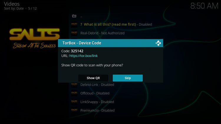 You are then provided with a TorBox device code.