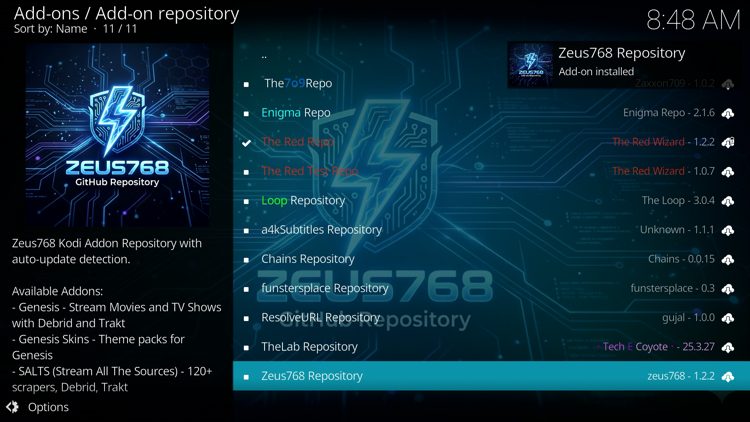 Wait for the "Zeus768 Repository Add-on installed" message to appear
