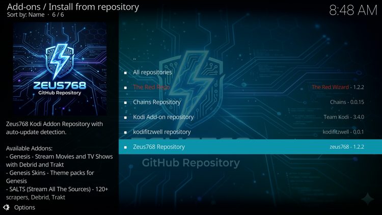 Click the back button on your remote a few times and select the Zeus768 Repository