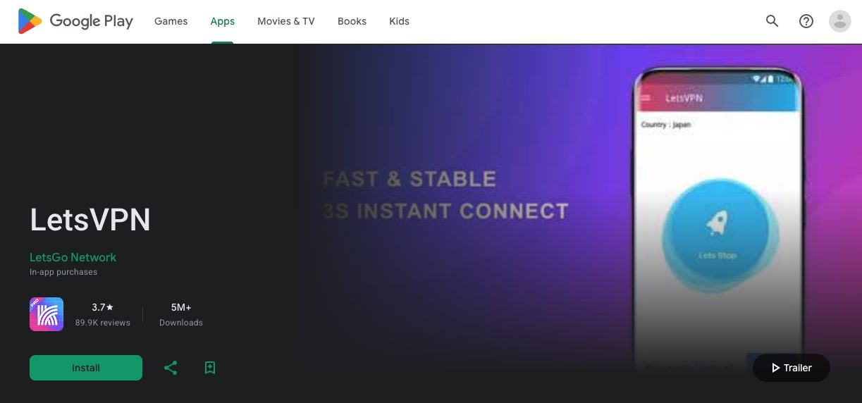 LetsVPN has over 5M Downloads in Google Play