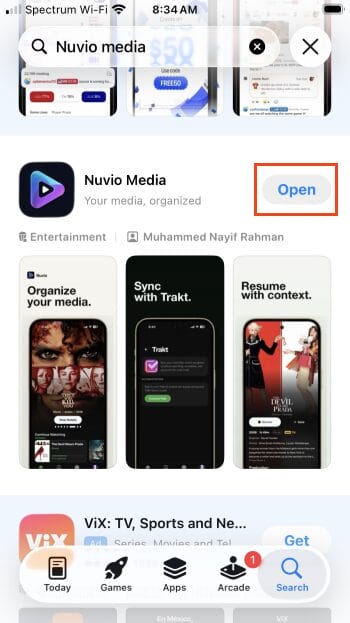 choose open for nuvio on ios