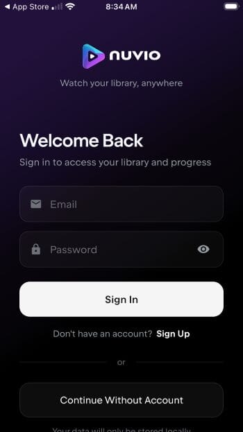 input nuvio login credentials and click sign in