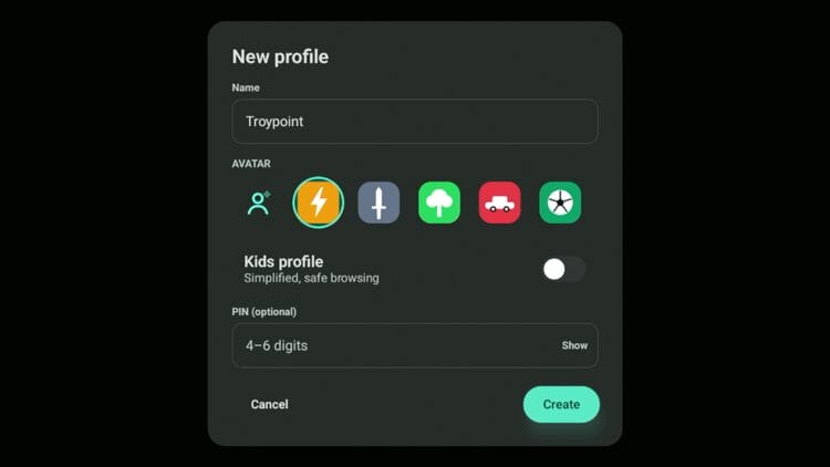 Enter any name, choose your avatar, create a Kids profile if you want, and click Create.