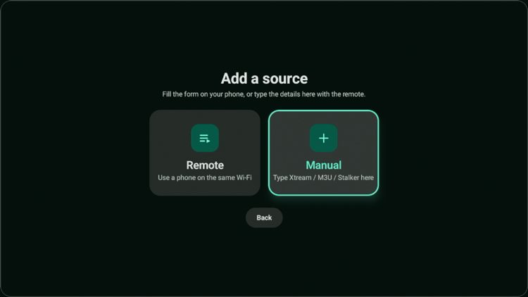 Choose Manual unless you want to add a source remotely with your phone.