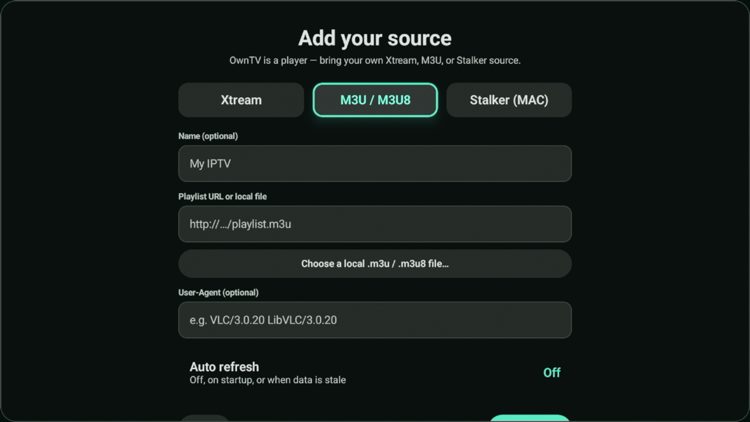 Now add the source for your live TV service or playlist. In this example we are adding an M3U playlist URL.