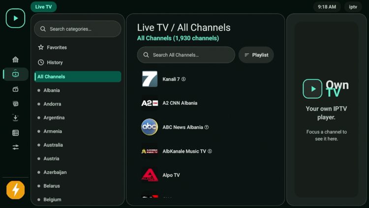 Live TV Section
