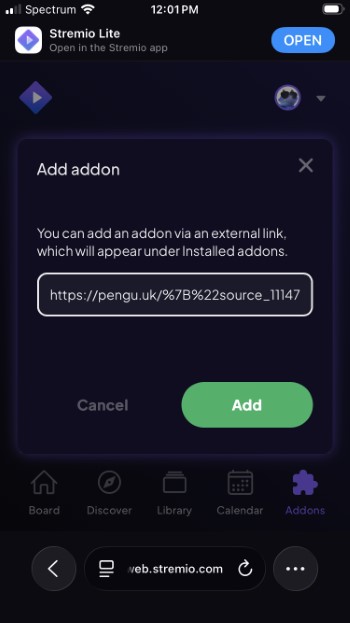 input PenguPlay stremio addon URL and click add