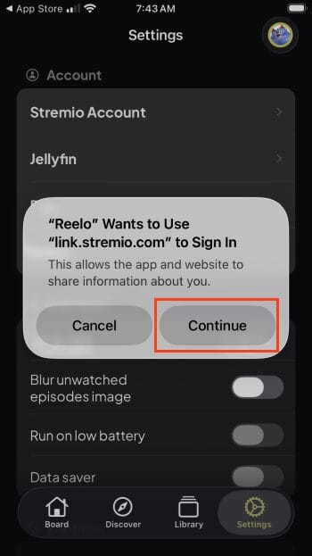 click continue for reelo via stremio
