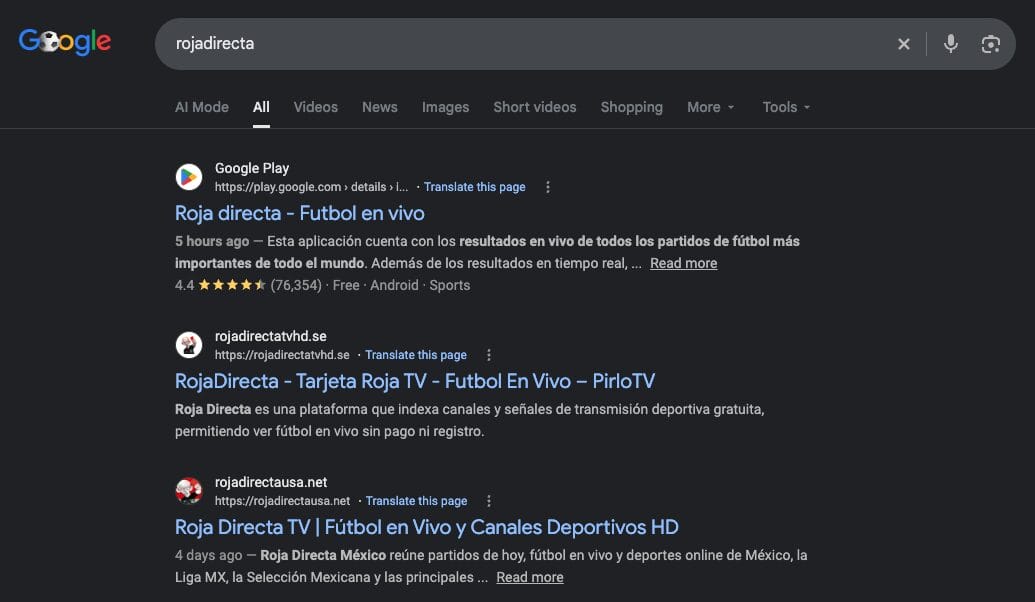 Google Search Results for 'Rojadirecta'