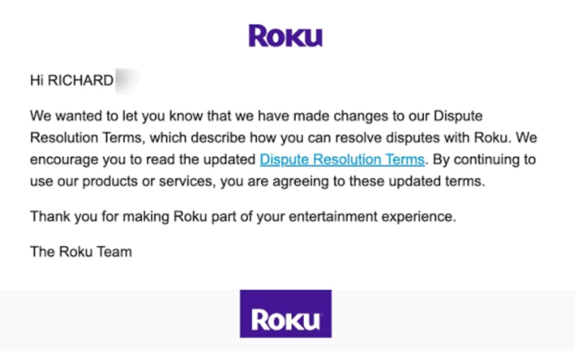 Roku Phishing Email Example