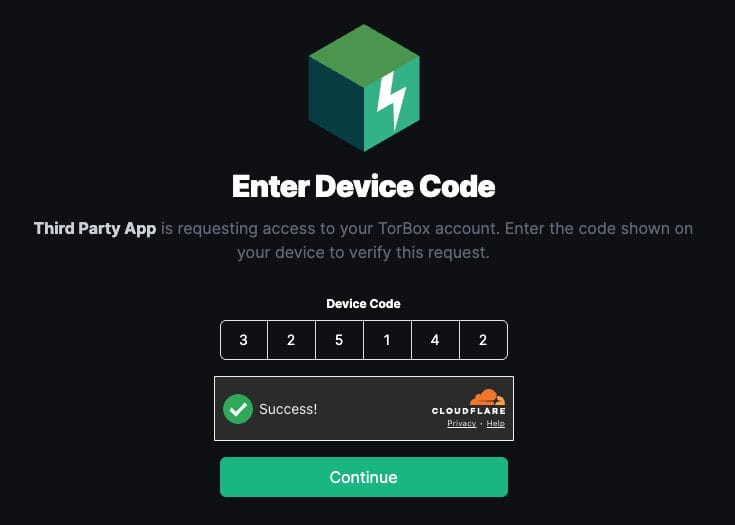 Visit tor.box/link and enter the provided code from the previous step. Then click Continue.