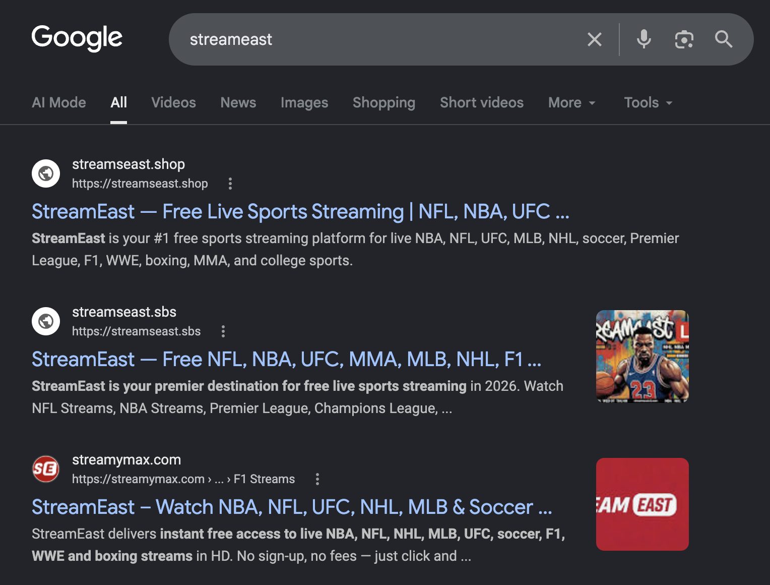 Google Search Results for 'Streameast'