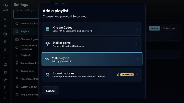 Choose your playlist type. In this exampled we are adding an M3U playlist URL. 