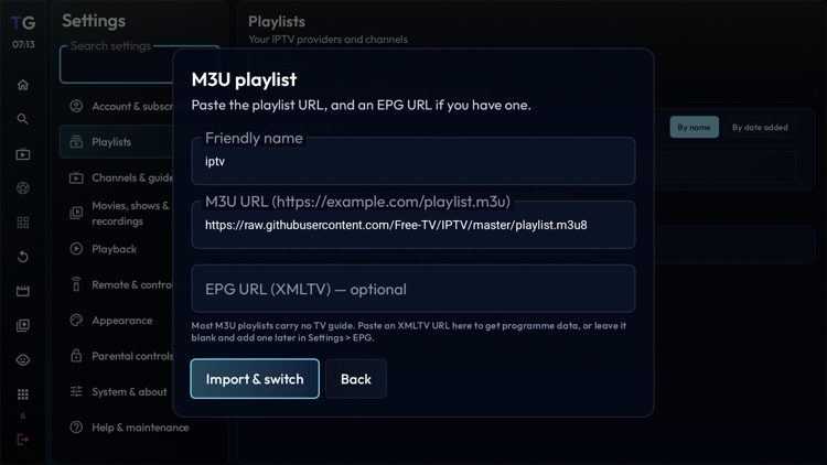 Enter the name and URL and then click Import & switch.
