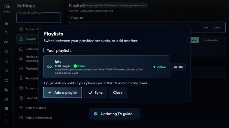 Wait a minute or two for your playlist data to import into TiviGlass.