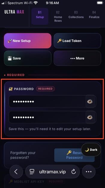 create and input password for ultra max