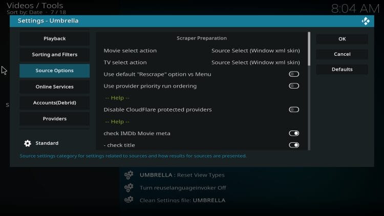 umbrella kodi source options