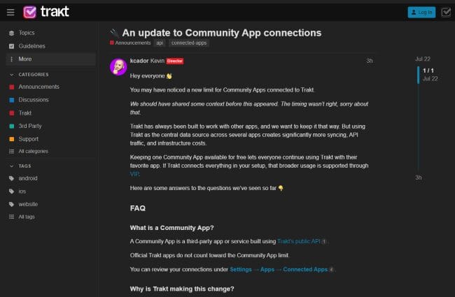 Update to Trakt Connections policy