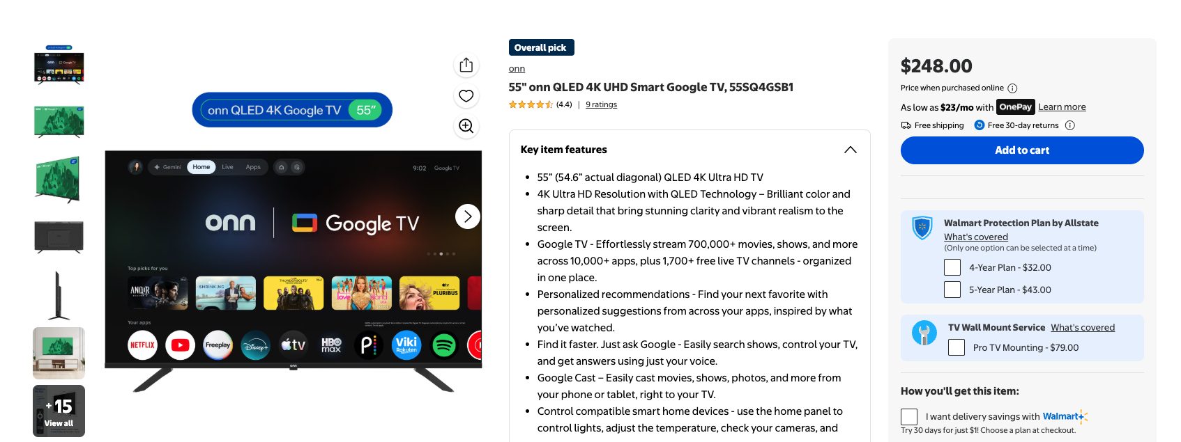 Onn Smart TV 55-inch Model on Walmart's Website