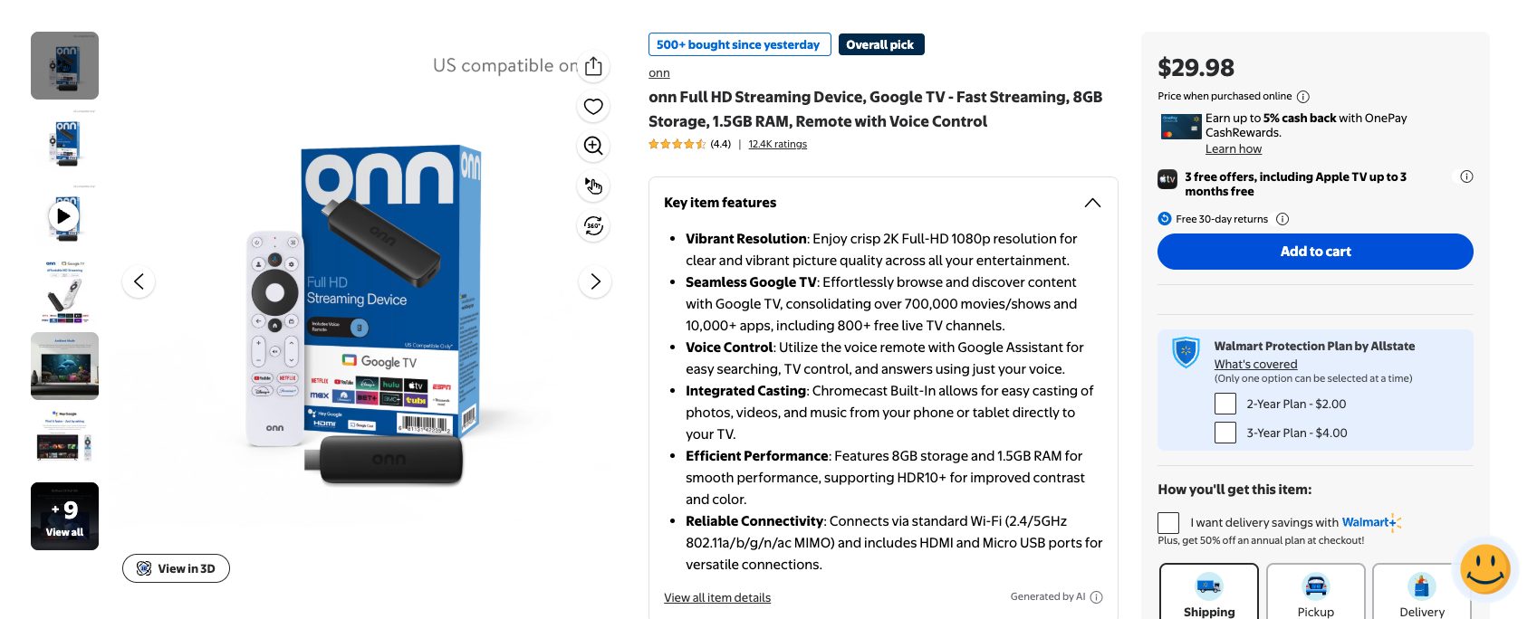 Onn HD Streaming Stick on Walmart's Website