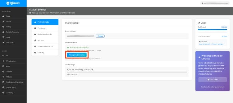click manage subscription