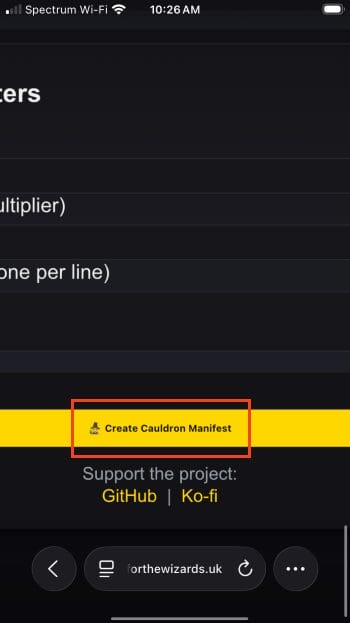 click create cauldron manifest url