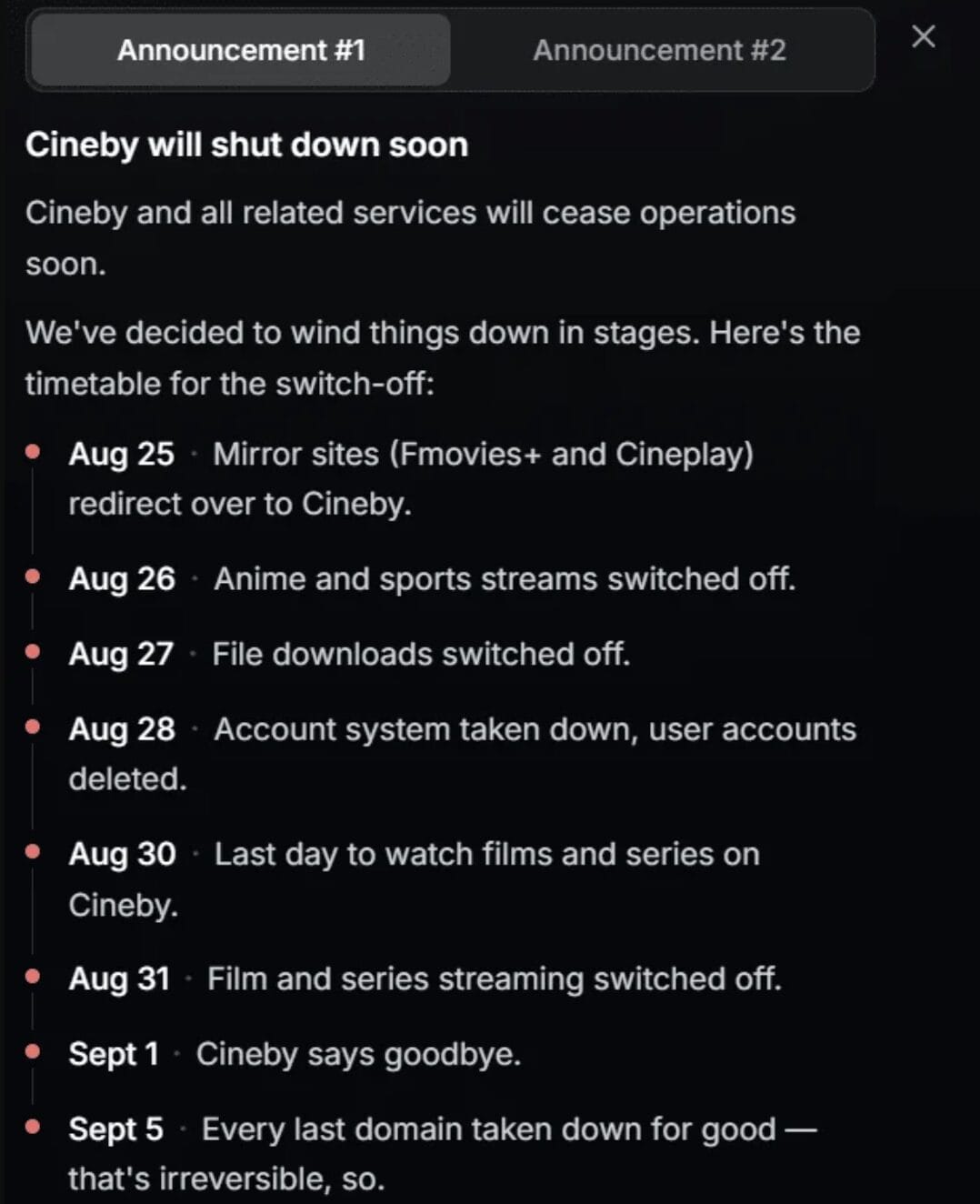Cineby Shutdown Annoucement