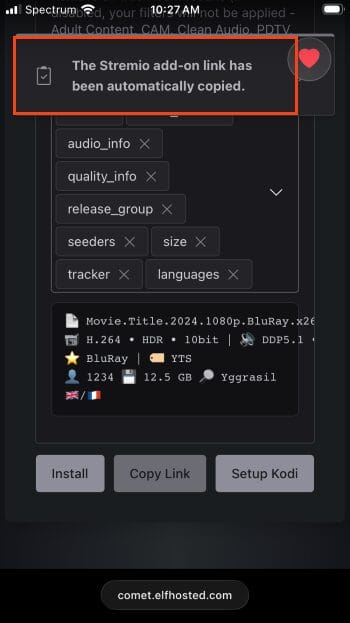 comet addon link copied message