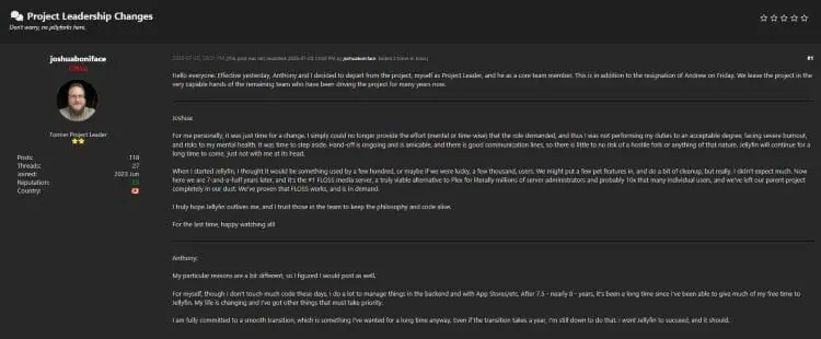 Jellyfin Founder Post on a Forum