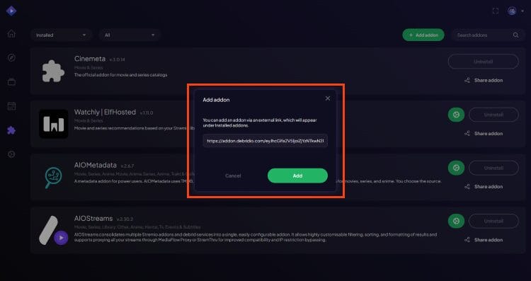 paste URL from stremio addon